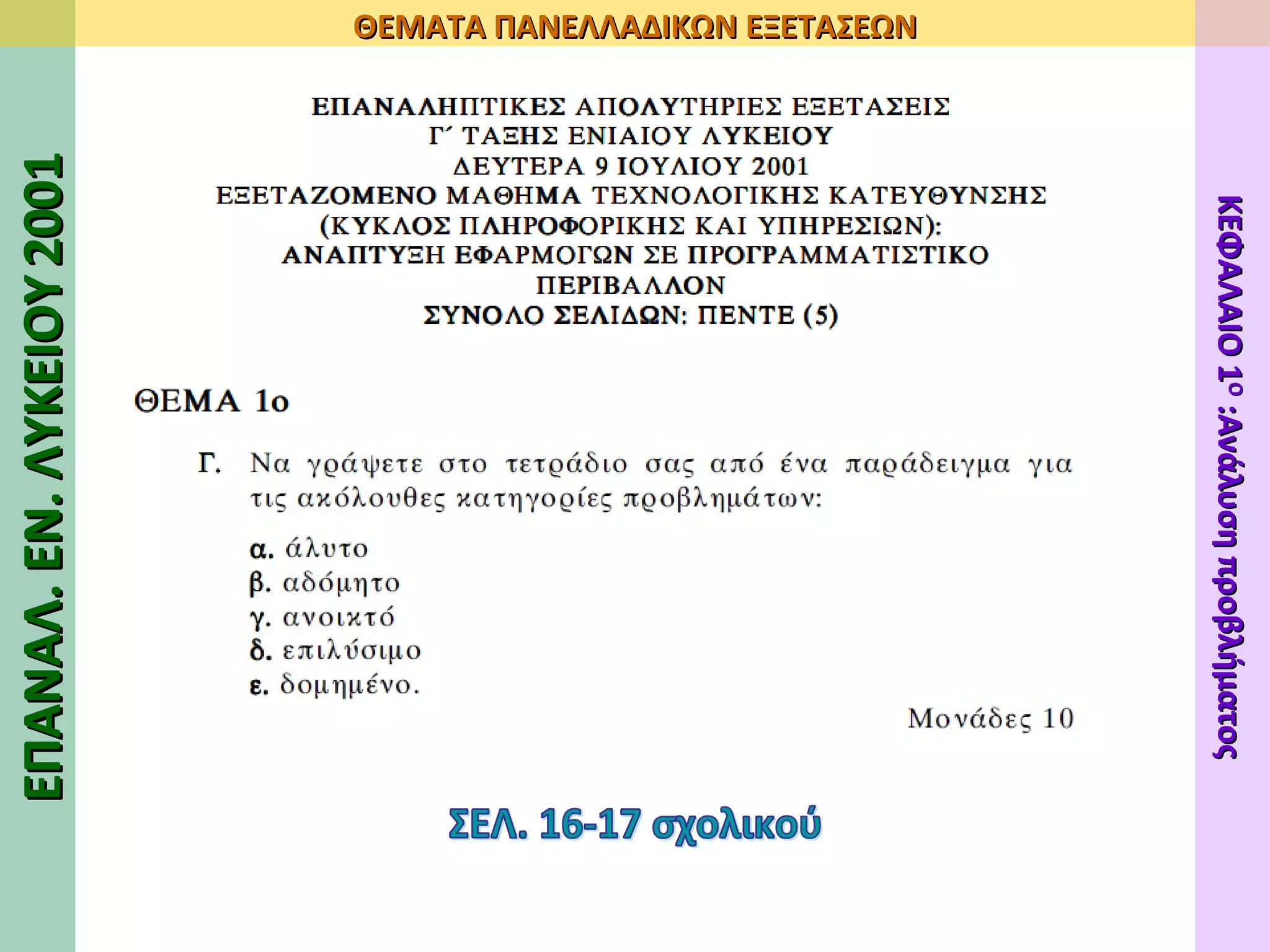 ΣΕΛ. 16-17 σχολικού ΕΠΑΝΑΛ. ΕΝ. ΛΥΚΕΙΟΥ   2001 ΘΕΜΑΤΑ ΠΑΝΕΛΛΑΔΙΚΩΝ ΕΞΕΤΑΣΕΩΝ ΚΕΦΑΛΑΙΟ 1 Ο  :Ανάλυση προβλήματος 