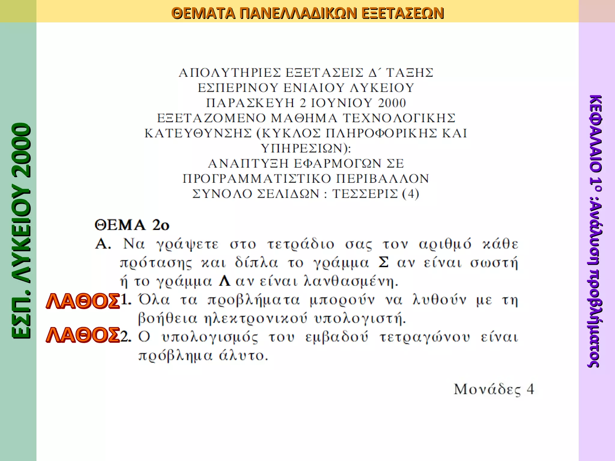 ΕΣΠ. ΛΥΚΕΙΟΥ 2000 ΘΕΜΑΤΑ ΠΑΝΕΛΛΑΔΙΚΩΝ ΕΞΕΤΑΣΕΩΝ ΚΕΦΑΛΑΙΟ 1 Ο  :Ανάλυση προβλήματος ΛΑΘΟΣ ΛΑΘΟΣ 