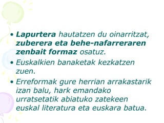 • Lapurtera hautatzen du oinarritzat,
zuberera eta behe-nafarreraren
zenbait formaz osatuz.
• Euskalkien banaketak kezkatzen
zuen.
• Erreformak gure herrian arrakastarik
izan balu, hark emandako
urratsetatik abiatuko zatekeen
euskal literatura eta euskara batua.
 