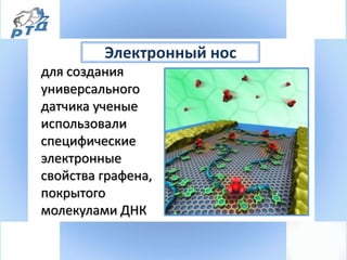Электронный нос
для создания
универсального
датчика ученые
использовали
специфические
электронные
свойства графена,
покрытого
молекулами ДНК
 
