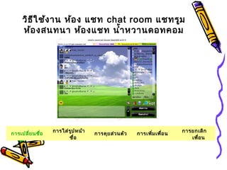 วิธีใช้งาน ห้อง แชท chat room แชทรูม
ห้องสนทนา ห้องแชท นำ้าหวานดอทคอม
การเปลี่ยนชื่อ
การใส่รูปหน้า
ชื่อ
การคุยส่วนตัว การเพิ่มเพื่อน
การยกเลิก
เพื่อน
 