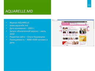 AQUARELLE.MD
• Журнал AQUARELLE
• www.aquarelle.md
• Дата основания – 2003 г.
• Запуск обновленной версии – июль
2010
• Редактор сайта – Ольга Каширцева
• Посещаемость – 4000-4500 человек в
день
11
 