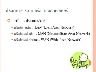 14
ประเภทของระบบเครือข่ายคอมพิวเตอร์
แบ่งเป็น 3 ประเภทหลัก คือ
 เครือข่ายท้องถิ่น : LAN (Local Area Network)
 เครือข่ายระดับเมือง : MAN (Metropolitan Area Network)
 เครือข่ายระดับประเทศ : WAN (Wide Area Network)
 