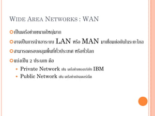 20
เป็นเครือข่ายขนาดใหญ่มาก
อาจเป็นการนาเอาระบบ LAN หรือ MAN มาเชื่อมต่อกันในระยะไกล
สามารถครอบคลุมพื้นที่ทั่วประเทศ หรือทั่วโลก
แบ่งเป็น 2 ประเภท คือ
 Private Network เช่น เครือข่ายของบริษัท IBM
 Public Network เช่น เครือข่ายอินเตอร์เน็ต
WIDE AREA NETWORKS : WAN
 