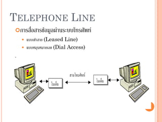 41
TELEPHONE LINE
การสื่อสารข้อมูลผ่านระบบโทรศัพท์
 แบบเช่าสาย (Leased Line)
 แบบหมุนหมายเลข (Dial Access)
 