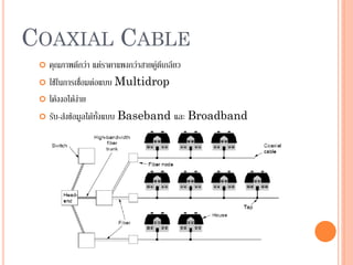 50
COAXIAL CABLE
 คุณภาพดีกว่า แต่ราคาแพงกว่าสายคู่ตีเกลียว
 ใช้ในการเชื่อมต่อแบบ Multidrop
 โค้งงอได้ง่าย
 รับ-ส่งข้อมูลได้ทั้งแบบ Baseband และ Broadband
 