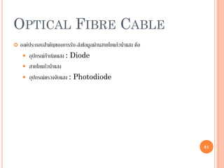 61
OPTICAL FIBRE CABLE
 องค์ประกอบสาคัญของการรับ-ส่งข้อมูลผ่านสายใยแก้วนาแสง คือ
 อุปกรณ์กาเนิดแสง : Diode
 สายใยแก้วนาแสง
 อุปกรณ์ตรวจจับแสง : Photodiode
61
 