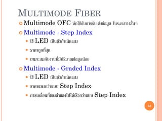 68
MULTIMODE FIBER
 Multimode OFC มักใช้กับการรับ-ส่งข้อมูล ในระยะทางสั้นๆ
 Multimode - Step Index
 ใช้ LED เป็นตัวกาเนิดแสง
 ราคาถูกที่สุด
 เหมาะสมกับงานที่มีปริมาณข้อมูลน้อย
 Multimode - Graded Index
 ใช้ LED เป็นตัวกาเนิดแสง
 ราคาแพงกว่าแบบ Step Index
 การเคลื่อนที่ของลาแสงไปได้เร็วกว่าแบบ Step Index
68
 