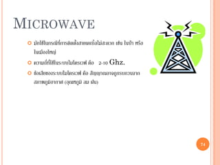 74
MICROWAVE
 มักใช้ในกรณีที่การติดตั้งสายเคเบิ้ลไม่สะดวก เช่น ในป่า หรือ
ในเมืองใหญ่
 ความถี่ที่ใช้ในระบบไมโครเวฟ คือ 2-10 Ghz.
 ข้อเสียของระบบไมโครเวฟ คือ สัญญาณอาจถูกรบกวนจาก
สภาพภูมิอากาศ (อุณหภูมิ ลม ฝน)
74
 