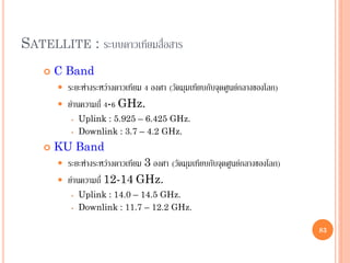 83
 C Band
 ระยะห่างระหว่างดาวเทียม 4 องศา (วัดมุมเทียบกับจุดศูนย์กลางของโลก)
 ย่านความถี่ 4-6 GHz.
 Uplink : 5.925 – 6.425 GHz.
 Downlink : 3.7 – 4.2 GHz.
 KU Band
 ระยะห่างระหว่างดาวเทียม 3 องศา (วัดมุมเทียบกับจุดศูนย์กลางของโลก)
 ย่านความถี่ 12-14 GHz.
 Uplink : 14.0 – 14.5 GHz.
 Downlink : 11.7 – 12.2 GHz.
SATELLITE : ระบบดาวเทียมสื่อสาร
83
 