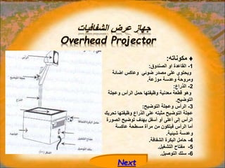 ‫الشفافيات‬ ‫عرض‬ ‫جهاز‬
Overhead Projector
♦
‫مكوناته‬
:
1
-
‫الصندوق‬ ‫او‬ ‫القاعدة‬
:
‫اضائة‬ ‫وعاكس‬ ‫ضوئي‬ ‫مصدر‬ ‫على‬ ‫ويحتوي‬
‫موزعة‬ ‫وعدسة‬ ‫ومروحة‬
.
2
-
‫الذراع‬
:
‫وعجلة‬ ‫الرأس‬ ‫حمل‬ ‫وظيفتها‬ ‫معدنية‬ ‫قطعة‬ ‫وهو‬
‫التوضيح‬
.
3
-
‫التوضيح‬ ‫وعجلة‬ ‫الرأس‬
:
‫تح‬ ‫وظيفتها‬ ‫الذراع‬ ‫على‬ ‫مثبته‬ ‫التوضيح‬ ‫عجلة‬
‫ريك‬
‫الصورة‬ ‫توضيح‬ ‫بهدف‬ ‫أسفل‬ ‫أو‬ ‫أعلى‬ ‫إلى‬ ‫الرأس‬
‫عاكسة‬ ‫مسطحة‬ ‫مرآة‬ ‫من‬ ‫فيتكون‬ ‫الرأس‬ ‫أما‬
‫شيئية‬ ‫وعدسة‬
.
4
-
‫الشفافة‬ ‫البكرة‬ ‫حامل‬
.
5
-
‫التشغيل‬ ‫مفتاح‬
.
6
-
‫التوصيل‬ ‫سلك‬
.
Next
 