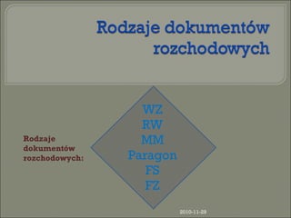 WZ RW MM Paragon FS FZ 2010-11-29 Rodzaje dokumentów  rozchodowych: 