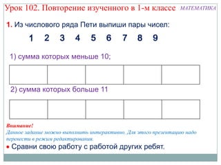 Урок 102. Повторение изученного в 1-м классе                    МАТЕМАТИКА


1. Из числового ряда Пети выпиши пары чисел:



 1) сумма которых меньше 10;



 2) сумма которых больше 11



Внимание!
Данное задание можно выполнить интерактивно. Для этого презентацию надо
перевести в режим редактирования.
 Сравни свою работу с работой других ребят.
 