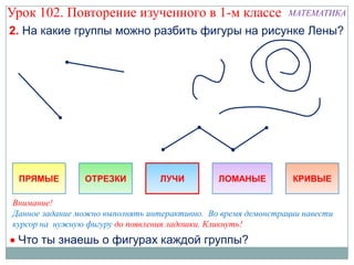 Урок 102. Повторение изученного в 1-м классе                   МАТЕМАТИКА

2. На какие группы можно разбить фигуры на рисунке Лены?




 ПРЯМЫЕ         ОТРЕЗКИ           ЛУЧИ         ЛОМАНЫЕ          КРИВЫЕ

Внимание!
Данное задание можно выполнять интерактивно. Во время демонстрации навести
курсор на нужную фигуру до появления ладошки. Кликнуть!
 Что ты знаешь о фигурах каждой группы?
 