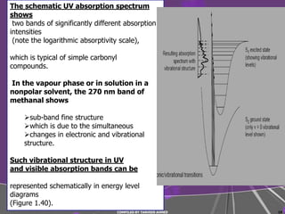 The schematic UV absorption spectrum
shows
 two bands of significantly different absorption
intensities
 (note the logarithmic absorptivity scale),

which is typical of simple carbonyl
compounds.

In the vapour phase or in solution in a
nonpolar solvent, the 270 nm band of
methanal shows

    sub-band fine structure
    which is due to the simultaneous
    changes in electronic and vibrational
    structure.

Such vibrational structure in UV
and visible absorption bands can be

represented schematically in energy level
diagrams
(Figure 1.40).
                                      COMPILED BY TANVEER AHMED   19
 