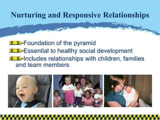 Nurturing and Responsive Relationships Foundation of the pyramid Essential to healthy social development Includes relationships with children, families and team members 