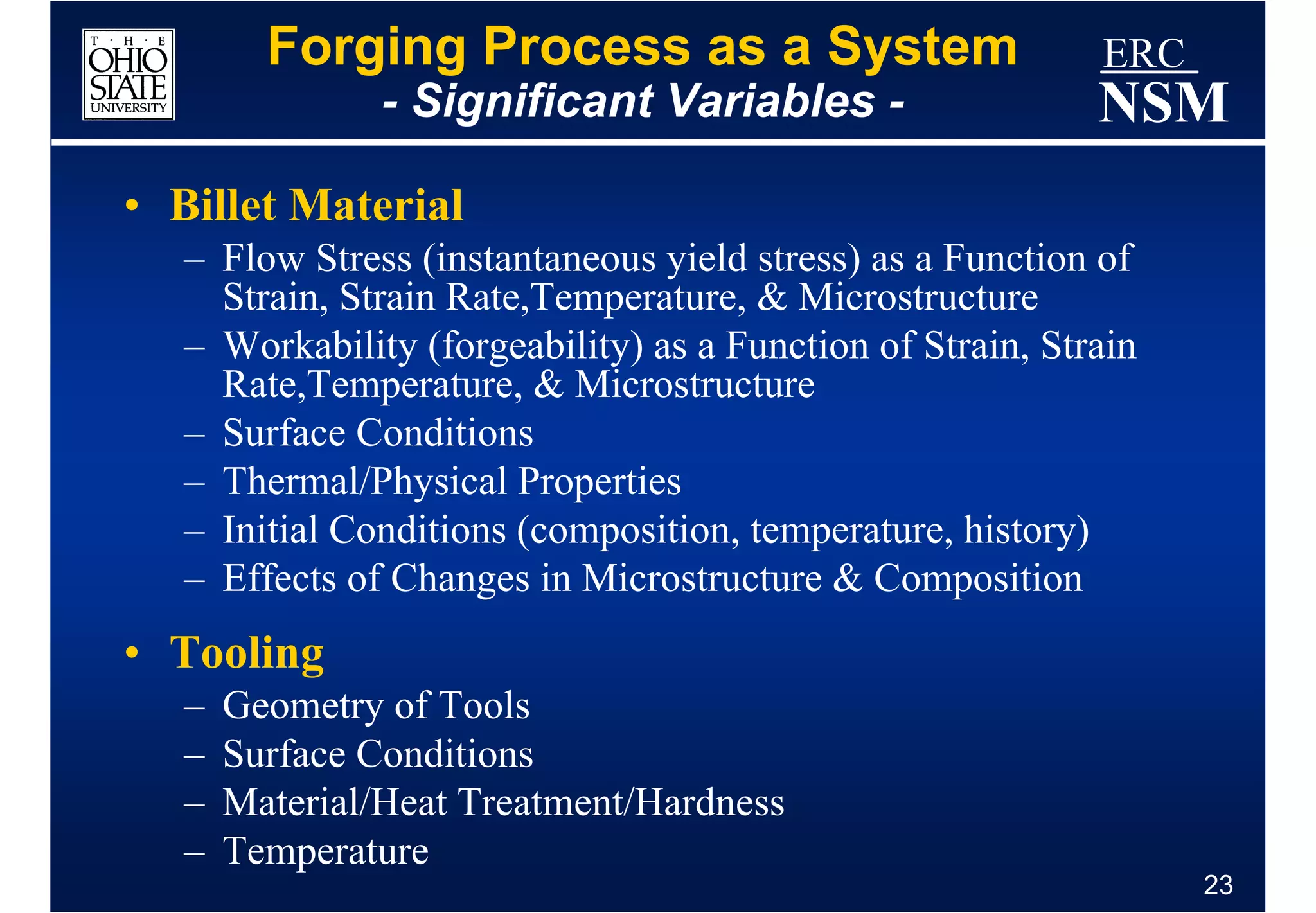 Forging Process as a System                        ERC
                - Significant Variables -                   NSM
• Billet Material
   – Flow Stress (instantaneous yield stress) as a Function of
     Strain, Strain Rate,Temperature, & Microstructure
   – Workability (forgeability) as a Function of Strain, Strain
     Rate,Temperature, & Microstructure
   – Surface Conditions
   – Thermal/Physical Properties
   – Initial Conditions (composition, temperature, history)
   – Effects of Changes in Microstructure & Composition
• Tooling
   –   Geometry of Tools
   –   Surface Conditions
   –   Material/Heat Treatment/Hardness
   –   Temperature
                                                                  23
 
