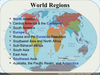 World Regions 
 North America 
 Central America & the Caribbean 
 South America 
 Europe 
 Russia and the Eurasian Republics 
 Southwest Asia and North Africa 
 Sub-Saharan Africa 
 South Asia 
 East Asia 
 Southeast Asia 
 Australia, the Pacific Realm, and Antarctica 
 