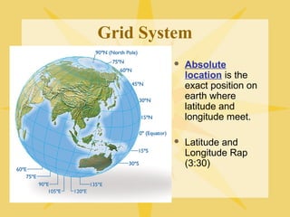 Grid System 
 Absolute 
location is the 
exact position on 
earth where 
latitude and 
longitude meet. 
 Latitude and 
Longitude Rap 
(3:30) 
 