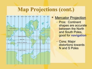 Map Projections (cont.) 
 Mercator Projection 
– Pros: Continent 
shapes are accurate 
between the North 
and South Poles, 
good for navigation 
– Cons: Major 
distortions towards 
N and S Poles 
 