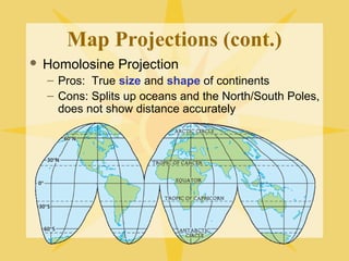 Map Projections (cont.) 
 Homolosine Projection 
– Pros: True size and shape of continents 
– Cons: Splits up oceans and the North/South Poles, 
does not show distance accurately 
 