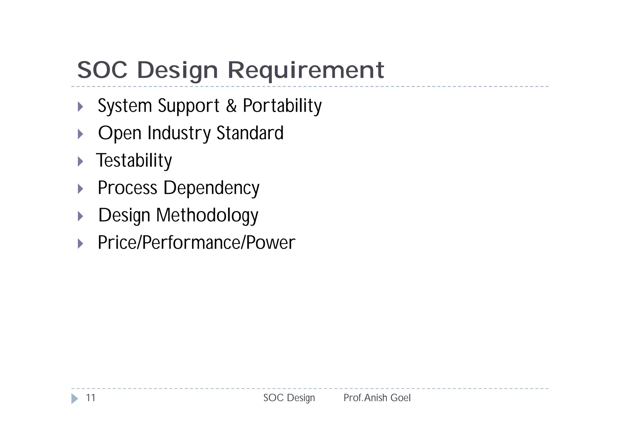 SOC Design Requirement
    System Support & Portability
    Open Industry Standard
    Testability
    Process Dependency
    Design Methodology
    Price/Performance/Power




    11                   SOC Design   Prof. Anish Goel
 