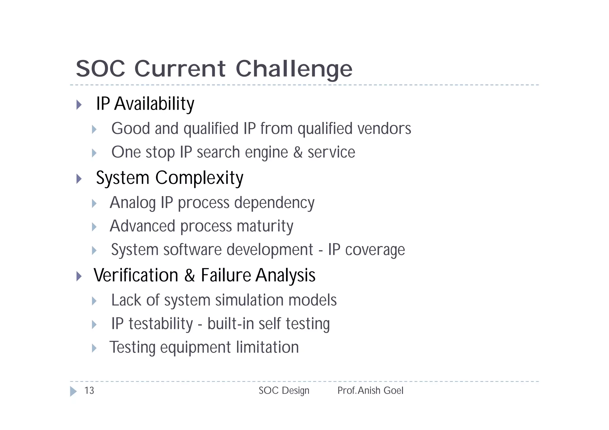 SOC Current Challenge
        IP Availability
          Good and qualified IP from qualified vendors
          One stop IP search engine & service
        System Complexity
          Analog IP process dependency
          Advanced process maturity
          System software development - IP coverage
    Verification & Failure Analysis
         Lack of system simulation models
         IP testability - built-in self testing
         Testing equipment limitation

    13                            SOC Design       Prof. Anish Goel
 