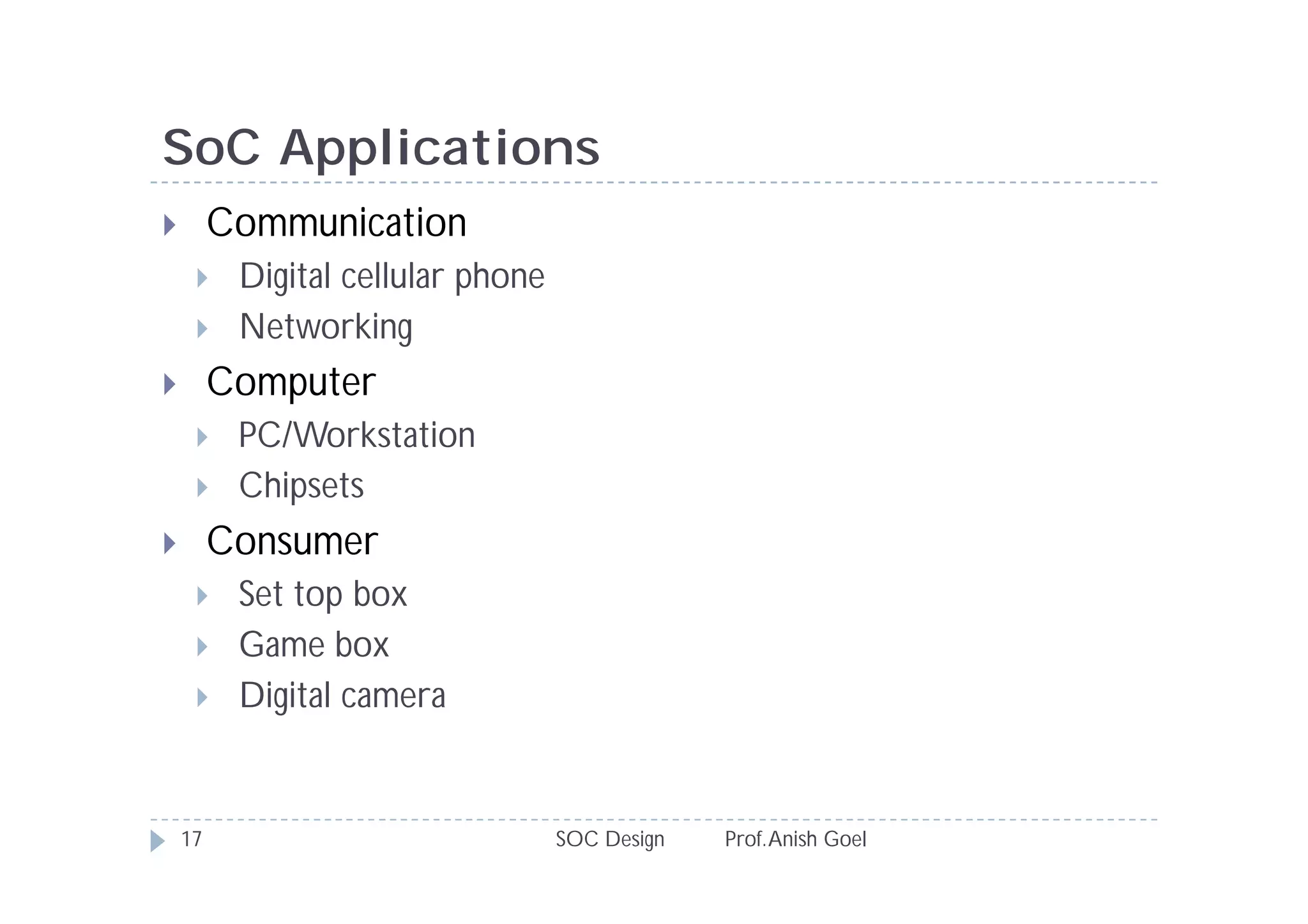 SoC Applications
        Communication
         Digital cellular phone
         Networking
        Computer
         PC/Workstation
         Chipsets
        Consumer
         Set top box
         Game box
         Digital camera


    17                             SOC Design   Prof. Anish Goel
 