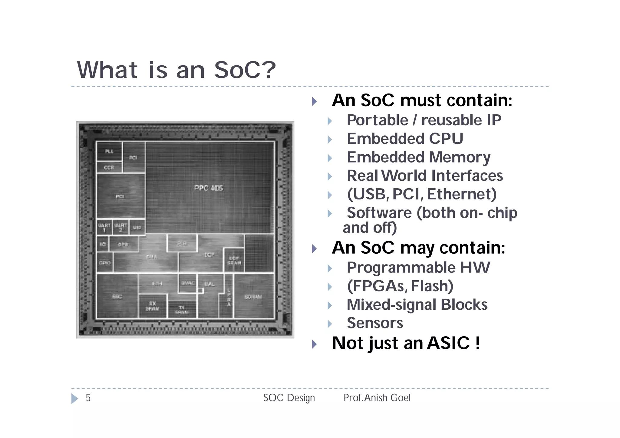 What is an SoC?
                          An SoC must contain:
                              Portable / reusable IP
                              Embedded CPU
                              Embedded Memory
                              Real World Interfaces
                              (USB, PCI, Ethernet)
                              Software (both on- chip
                               and off)
                          An SoC may contain:
                              Programmable HW
                              (FPGAs, Flash)
                              Mixed-signal Blocks
                              Sensors
                          Not just an ASIC !

5             SOC Design       Prof. Anish Goel
 