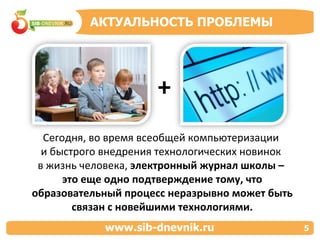 Сегодня, во время всеобщей компьютеризации  и быстрого внедрения технологических новинок  в жизнь человека,  электронный журнал школы –  это еще одно подтверждение тому, что образовательный процесс неразрывно может быть связан с новейшими технологиями. АКТУАЛЬНОСТЬ ПРОБЛЕМЫ www.sib-dnevnik.ru 5 + 