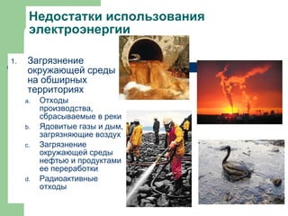 Недостатки использования электроэнергии Загрязнение окружающей среды на обширных территориях Отходы производства, сбрасываемые в реки Ядовитые газы и дым, загрязняющие воздух Загрязнение окружающей среды нефтью и продуктами ее переработки Радиоактивные отходы 