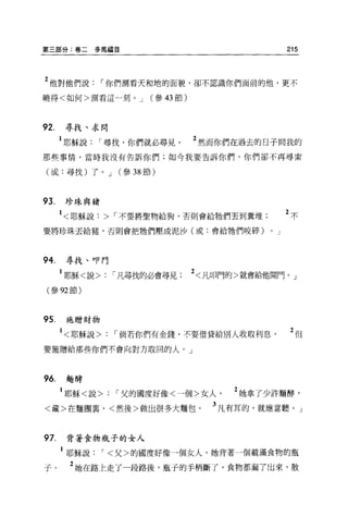 第三部分:卷二多馬福音                                           215



2 他對他們說，你們測看天和地的面貌，卻不認識你們面前的他，更不
曉得<如何>測看這一刻。 J         (參 43 節)




92.   尋找、求問

      1 耶穌說，尋找，你們就必尋見。            2 然而你們在過去的日子問我的
那些事情，當時我沒有告訴你們;如今我要告訴你們，你們卻不再尋索

(或:尋找)了。 J      (參 38 節)



93.   珍珠與豬

      1< 耶穌說> '不要將聖物給狗，否則會給牠們丟到糞堆                     2不
要將珍珠丟給豬，否則會把牠們壓成泥沙(或:會給牠們咬碎)                  0   J




94.   尋找、叩門

      1 耶穌<說>: '凡尋找的必會尋見          2< 凡叩門的>就會給他開門。」
 (參 92 節)



95.   施贈財物

      1< 耶穌說>: '倘若你們有金錢，不要借貸給別人收取利息                   2但
要施贈給那些你們不會向對方取回的人。」




96.   麵酵

      1 耶穌<說>   '父的國度好像<一個>女人           2 她拿了少許麵酵'
<藏>在麵團里，<然後>做出很多大麵包。                 3 凡有耳的，就應當聽。」


97.    背著食物瓶子的女人

      1 耶穌說，<父>的國度好像一個女人，她背著一個載滿食物的瓶
子。     2 她在路上走了一段路後，瓶子的手柄斷了，食物都漏了出來，散
 