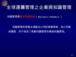 知識管理需 配合商業策略 （ Business Strategy ）  知識管理的策略必須配合公司的商業策略，為公司創造價值，而不是為了推動知識管理而硬做知識管理。  全球運籌管理之企業與知識管理   