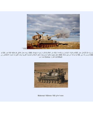 ‫.235 *‬

‫صل وزنه 5.72 طن عيار 551مم طوله 1.9 متر وارتفاعه 1.01 متر الطاقم 8 افراد زاويه استهداف 063 درجه معدل اطلق 4 بلدقيقه 81 كم و 03 كم‬
‫063 كم بسرعه سير 65 كم /ساعه اسرائيل تمتلك 006 مدفع ‪ uav‬مدفعيه صاروخيه مدفع 7.21مم للحمايه القريبه وضد الطيرات شديده النخفاض زي‬
                                                      ‫5‪ m109a‬الطراز ‪ Doher‬تحت اسم‬




                                            ‫.‬



                                                   ‫‪ mm‬المدفع 061 ‪Makmat 160mm‬‬
 