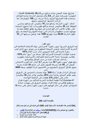‫صاروخ مضاد للسفن مداه يتراوح بين 6 و 63 :)‪: (Gabriel‬غابريال -‬
  ‫كيلومترا، وسرعته تصل الى 6,0 ماك. وتحمل البارجة ثمانية قواذف.‬
   ‫يستخدم هذا الصاروخ المزود رأسا حربية، تزن 001 كيلوغراما، إما‬
                      ‫الرادار الناشط، أو النصف ناشط.‬
    ‫كذلك، ج ُهزت البارجة بمدفع عيار 67 ميلليمتر، أو بمدفع سداسي‬
 ‫الفوهة عيار 02 ميلليمتر، وستة مدافع طوربيدات. كما تحتوي السفينة‬
    ‫على نظام دفاعي آخر هو عبارة عن صواريخ تطلق قطعا معدنية‬
   ‫مهمتها تشتيت منظومات الرادار التي توجه الصواريخ المعادية. يبلغ‬
   ‫طول البارجة 46,58 مترا، ووزنها 0021 طنا، وتصل سرعتها الى 33‬
                                    ‫عقدة.‬


                                ‫سوبر دفورا‬
‫ي ُعد الزورق السريع " سوبر دفورا" السرائيلي نواة السلحة الدفاعية في‬
‫البحرية السرائيلية ، و ي ُعتبر النسخة المطورة من زورق دبور الذي لعب‬
          ‫. دورا حاسما في قناة السويس إبان حرب العام 3791‬
   ‫صنعت الوليات المتحدة الميركية أول نسخة من " دبور" عام 0791 ،‬
     ‫وقامت مؤسسة " رامتا" السرائيلية للصناعات السرائيلية بتطويره‬
             ‫.بإدخال تعديلت عدة من حيث الشكل والتسليح‬
 ‫يبلغ طول " سوبر دفورا" 52 مترا بعرض 7.5 أمتار، أما الوزن الجمالي‬
    ‫. فيصل الى 56 طنا بسرعة قصوى تصل الى حدود 25 عقدة بحرية‬
 ‫يحوي هيكل الزورق المصنوع من اللمنيوم خزانا للوقود بسعة 0069‬
                                   ‫.ليتر‬
  ‫. ويشكل الرادار طراز " ديكا 629" نواة مجسات التحسس في الزورق‬
  ‫يضم نظام التسلح رشاشا عيار 2*02 ميلليمتر وآخر عيار 03 ميلليمترا‬
           ‫. قادر على إطلق 012 طلقات في الدقيقة الواحدة‬
      ‫74-‪ Gyro,laz‬أما انظمة الملحة البحرية فتتألف من اجهزة طراز‬
      ‫يستطيع طاقم من ثلثة أفراد تشغيل الزورق في مهمات حماية‬
 ‫السواحل، ولكن في حال الهجوم فإن سوبر دفورا يحمل على متنه 21‬
                                  ‫.جنديا‬


                                            ‫الغواصات‬

                                      ‫)الغواصة )تايب 602‬

  ‫‪) GAL‬احدي هذه الغواصات السرائيلية )تايب 602( التي تعرف في إسرائيل بإسم )غال‬

  ‫•‬   ‫بالتعاون مع احواض بناء ))‪VICKERS‬المنشاْ: بريطانيا من إنتاج شركة ))فيكرز‬
      ‫))‪.IKL‬السفن السرائيلية وشركة ))اي.ك.ل‬
  ‫•‬   ‫.الفئة: غواصة دورية هجومية‬
  ‫•‬   ‫.المهمة الرئيسية:الدورية والهجوم المضاد للسفن‬
 