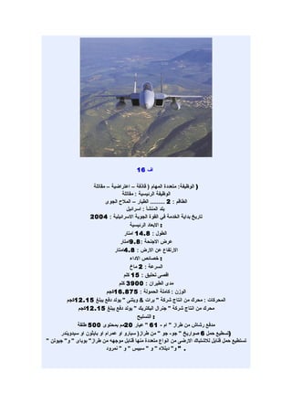 ‫اف 61‬

                     ‫) الوظيفة: متعددة المهام ) قاذفة – اعتراضية – مقاتلة‬
                                    ‫الوظيفة الرئيسية : مقاتلة‬
                            ‫الطاقم : 2 ......... الطيار – الملح الجوى‬
                                      ‫بلد المنشأ : اسرائيل‬
                    ‫تاريخ بداية الخدمة في القوة الجوية السرائيلية : 4002‬
                                        ‫: البعاد الرئيسية‬
                                     ‫الطول : 8.41 امتار‬
                                   ‫عرض الجنحة : 8.9امتار‬
                                ‫الرتفاع عن الرض : 8.4امتار‬
                                         ‫: خصائص الداء‬
                                         ‫السرعة : 2 ماخ‬
                                     ‫اقصى تحليق : 51 كلم‬
                                  ‫مدى الطيران : 0093 كلم‬
                             ‫الوزن : كاملة الحمولة : 578.61كجم‬
         ‫المحركات : محرك من انتاج شركة " برات & ويتنى " يولد دفع يبلغ 51.21كجم‬
              ‫محرك من انتاج شركة " جنرال اليكتريك " يولد دفع يبلغ 51.21كجم‬
                                            ‫: التسليح‬
              ‫مدفع رشاش من طراز " ام - 16 " عيار 02مم بمحتوى 005 طلقة‬
      ‫)تسطيع حمل 6 صواريخ " جو- جو " من طراز) سبارو او عمرام او بايثون او سيدويندر‬
‫تستطيع حمل قنابل للشتباك الرضى من انواع متعددة منها قنابل موجهه من طراز" بوباى " و" جيوتن "‬
                            ‫. " و" ديلله " و " سبيس " و " نمرود‬
 