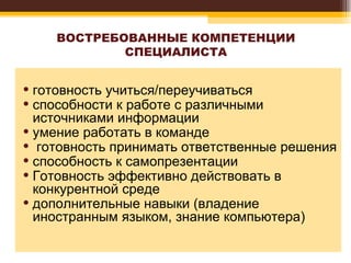ВОСТРЕБОВАННЫЕ КОМПЕТЕНЦИИ СПЕЦИАЛИСТА готовность учиться/переучиваться способности к работе с различными источниками информации умение работать в команде готовность принимать ответственные решения способность к самопрезентации Готовность эффективно действовать в  конкурентной среде дополнительные навыки (владение иностранным языком, знание компьютера) 