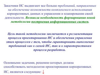 Заказчики ИС выдвигают все больше  требований, направленных на обеспечение возможности комплексного использования  корпоративных данных в управлении и планировании своей деятельности.  Возникла необходимость формирования новой методологии  построения информационных систем . Цель такой методологии заключается в регламентации процесса проектирования ИС и обеспечении управления этим процессом с тем, чтобы гарантировать выполнение требований как к самой ИС, так и к характеристикам процесса разработки.   Основными задачами, решению которых должна способствовать методология проектирования корпоративных ИС, являются следующие:  ↓ 
