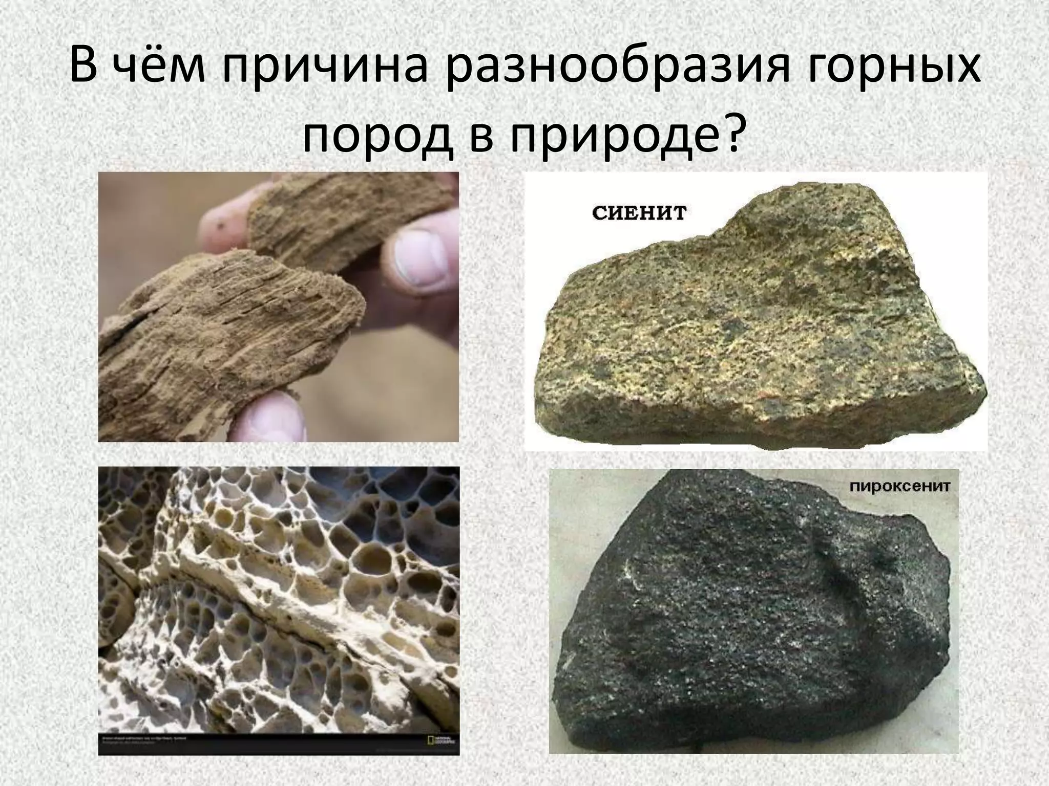 В чём причина разнообразия горных пород в природе? 
