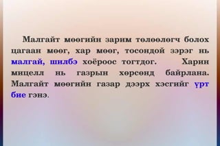 Малгайт  мөөгийн  зарим  төлөөлөгч  болох 
цагаан  мөөг,  хар  мөөг,  тосондой  зэрэг  нь 
малгай,  шилбэ  хоёроос  тогтдог.          Харин 
мицелл  нь  газрын  хөрсөнд  байрлана. 
Малгайт  мөөгийн  газар  дээрх  хэсгийг  үрт 
бие гэнэ.
 