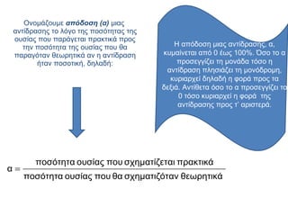 Ονομάζουμε  απόδοση (α)  μιας  αντίδρασης το λόγο της ποσότητας της ουσίας που παράγεται πρακτικά προς την ποσότητα της ουσίας που θα παραγόταν θεωρητικά αν η αντίδραση ήταν ποσοτική, δηλαδή:        Η απόδοση μιας αντίδρασης, α,  κυμαίνεται από 0 έως 100%. Όσο το α προσεγγίζει τη μονάδα τόσο η αντίδραση πλησιάζει τη μονόδρομη, κυριαρχεί δηλαδή η φορά προς τα δεξιά. Αντίθετα όσο το α προσεγγίζει το 0 τόσο κυριαρχεί η φορά  της αντίδρασης προς τ’ αριστερά . 