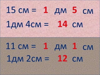 15 см =дм15см141дм 4см =см11 см =дм11см121дм 2см =см