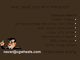 לקיבוץ שריד דרוש מנהל משאבי אנוש דרישות מהתפקיד: • השכלה רלוונטית • יכולת ניהול, עבודת צוות ועמידה בתנאי לחץ • ניסיון בתחום הקיבוצי יתרון • שליטה בדיני עבודה • תקשורת בינאישית טובה • הקף משרה 50% התחלת עבודה: מידית.קו"ח נא לשלוח לאמייל:  navar@cgwheels.com