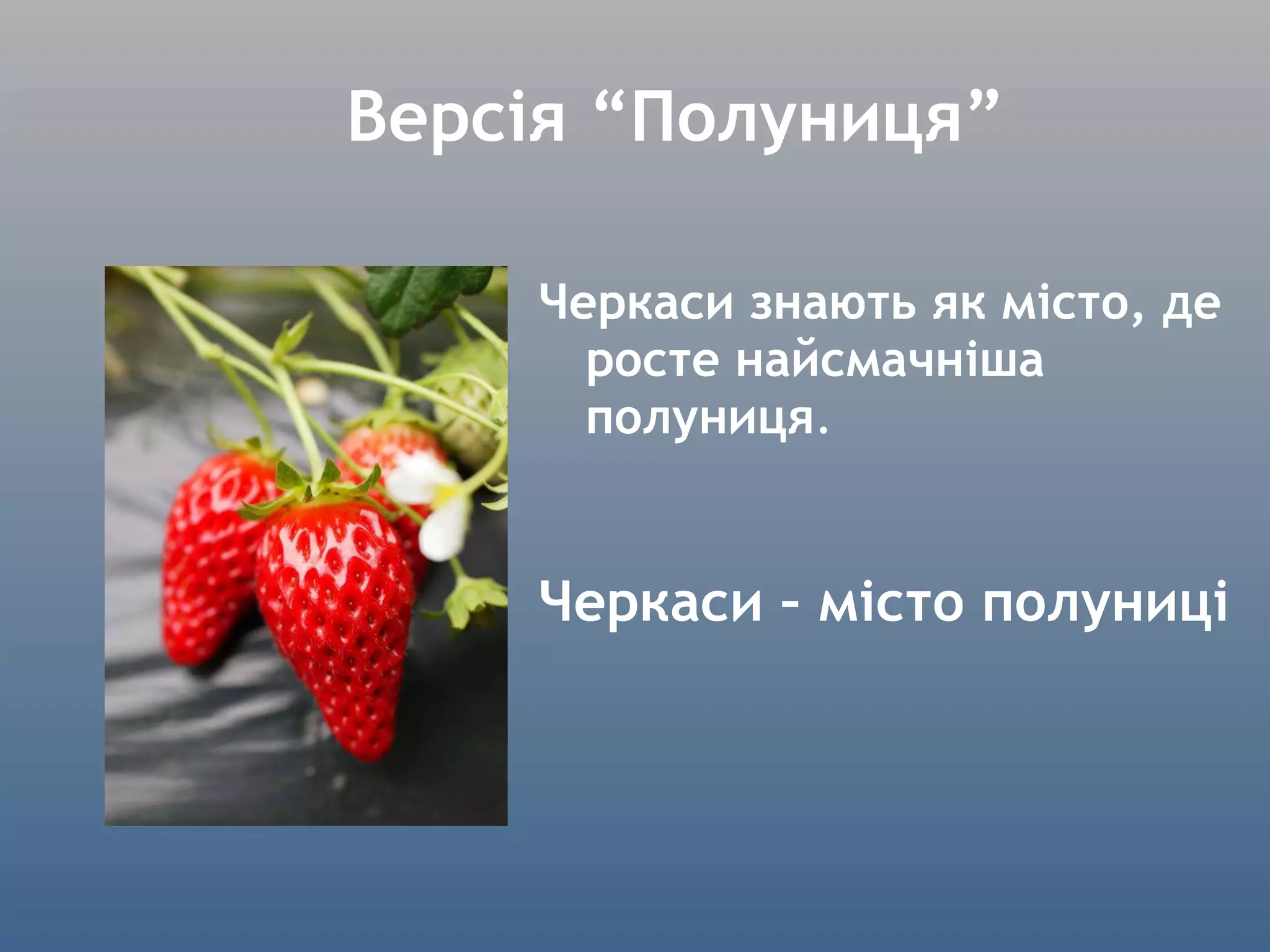 Версія  “ Полуниця ” Черкаси знають як місто, де росте найсмачніша полуниця . Черкаси – місто полуниці 