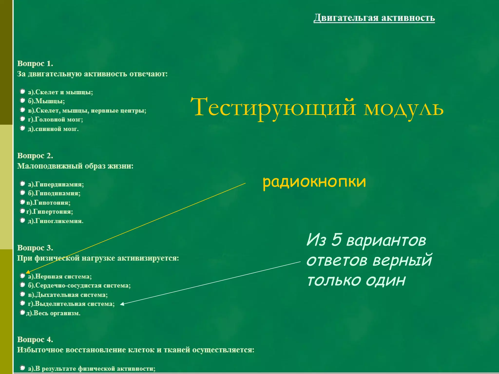 Тестирующий модуль радиокнопки Из 5 вариантов ответов верный только один 