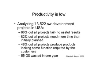 Productivity is low

•  Analyzing 13.522 sw development
   projects in USA:
  –  66% out all projects fail (no useful result)
  –  82% out all projects need more time than
     initially planned
  –  48% out all projects produce products
     lacking some function required by the
     customers
  –  55 G$ wasted in one year         Standish Report 2003
 
