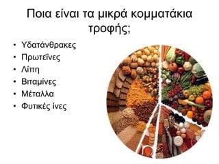 Ποια είναι τα μικρά κομματάκια τροφής;ΥδατάνθρακεςΠρωτεΐνεςΛίπηΒιταμίνεςΜέταλλαΦυτικές ίνες