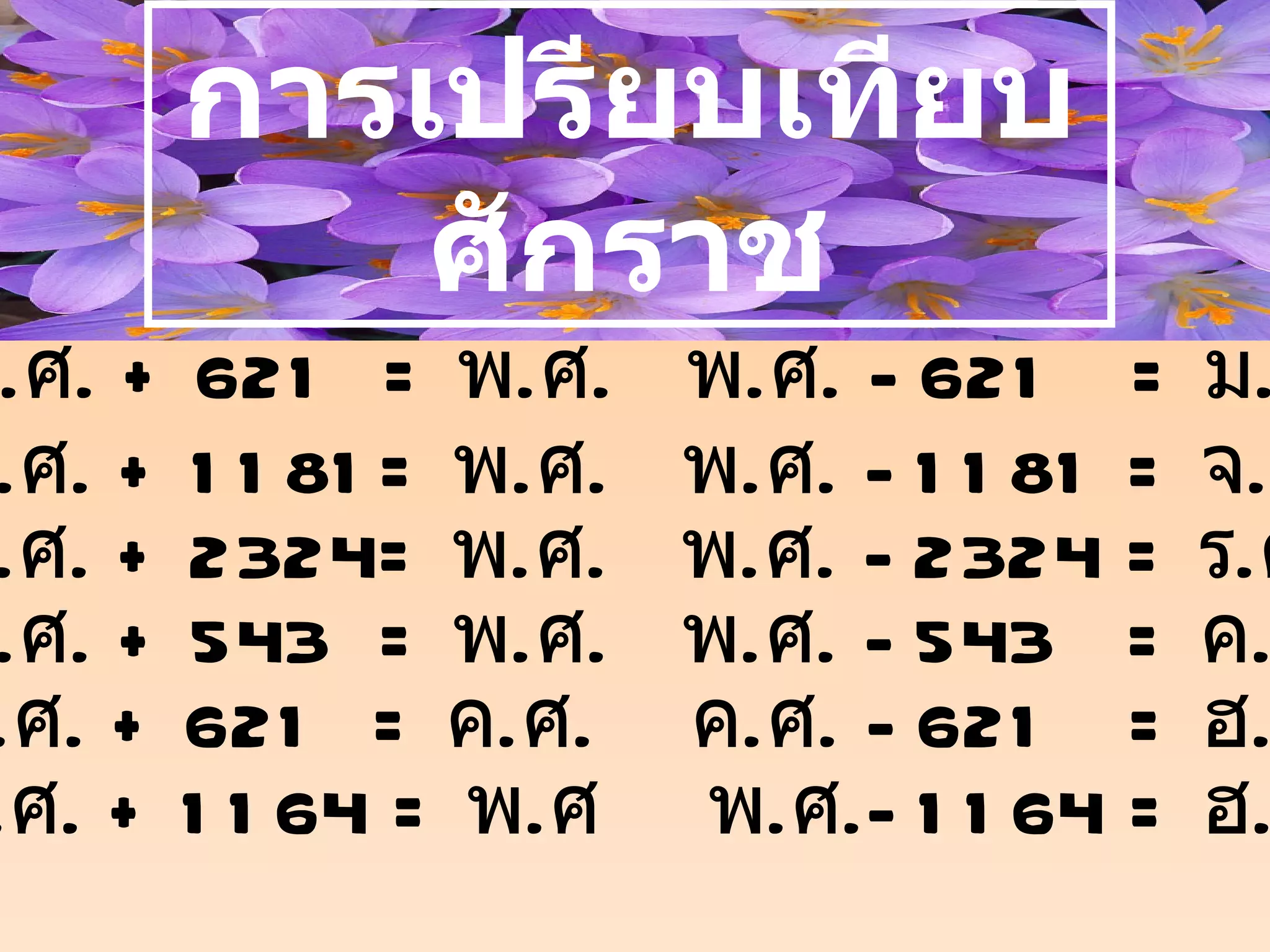 การเปรียบเทียบศักราช ม . ศ . + 621  =  พ . ศ .  พ . ศ . - 621  =  ม . ศ จ . ศ . +  11 81 =  พ . ศ .  พ . ศ . - 1181 =  จ . ศ ร . ศ . + 2324 =  พ . ศ .  พ . ศ . - 2324 =  ร . ศ ค . ศ . + 543  =  พ . ศ .  พ . ศ . - 543  =  ค . ศ ฮ . ศ . + 621  =  ค . ศ .  ค . ศ . - 621  =  ฮ . ศ . ฮ . ศ . + 1164  =  พ . ศ  พ . ศ .- 1164 =  ฮ . ศ 