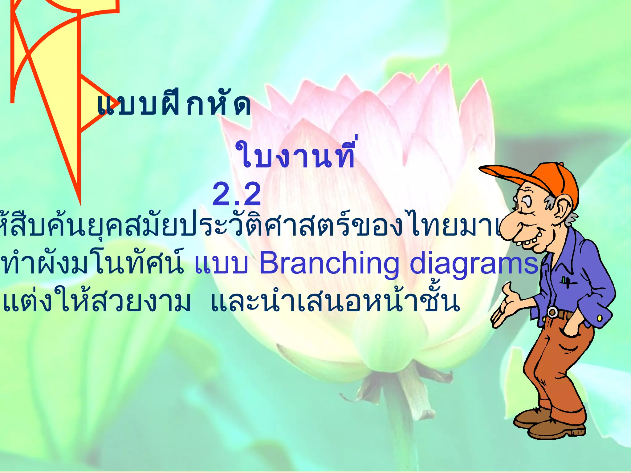 แบบฝึกหัด  ให้สืบค้นยุคสมัยประวัติศาสตร์ของไทยมาแล้ว จัดทำผังมโนทัศน์  แบบ   Branching diagrams  ตกแต่งให้สวยงาม  และนำเสนอหน้าชั้น ใบงานที่  2.2  