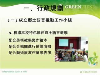 一、行政規劃 ( ㄧ ) 成立鄉土語言推動工作小組 3. 根據本校特色延伸鄉土語言教學 配合美術教學製作繪本 配合合唱團進行歌謠演唱 配合藝術展演作童謠表演 